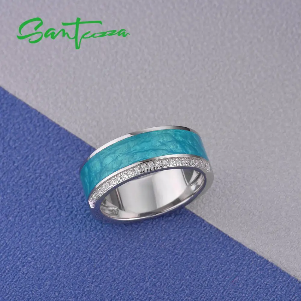 SANTUZZA серебряные кольца для женщин из натуральной 925 пробы серебряной голубой эмалью вен сверкающие CZ Модные Простые Ювелирные изделия ручной работы