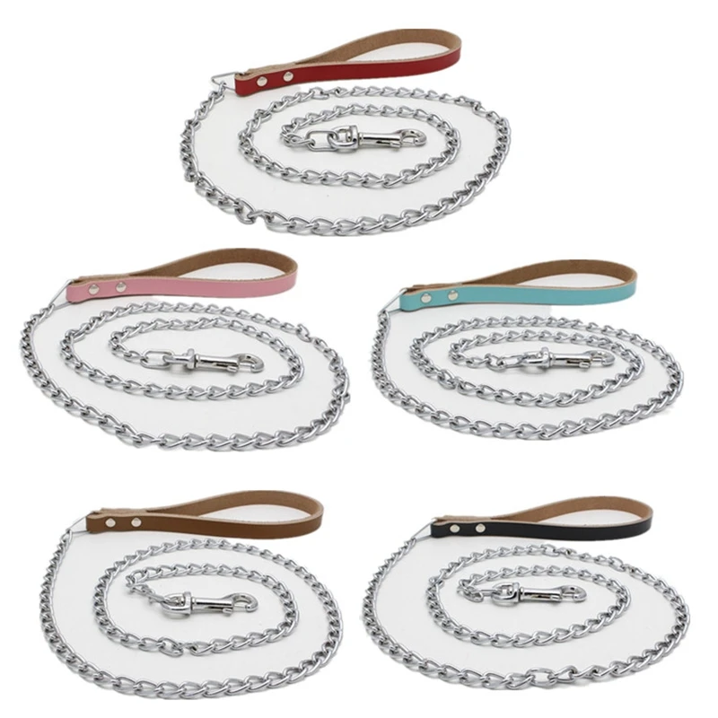 ##BUY Leather handle + iron Chain dog leash for dog collar and dog harness dog accessories bulldog german shepherd of arnes perro 1pcs