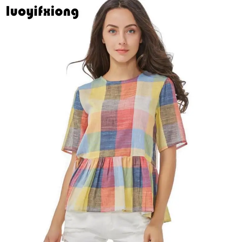 Luoyifxiong 2019 новый цвет клетчатая блузка женские топы с коротким рукавом с бантом сзади на шнуровке женские рубашки плиссированный Подол