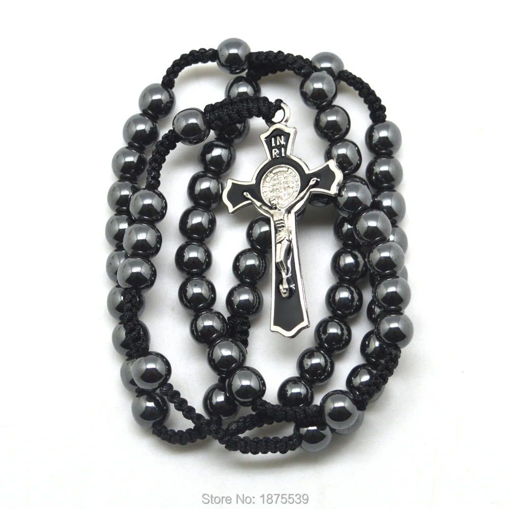 Мужские Плетеные четки из гематита St Benedict Cross черные и синие Бусины|rosary necklace|8