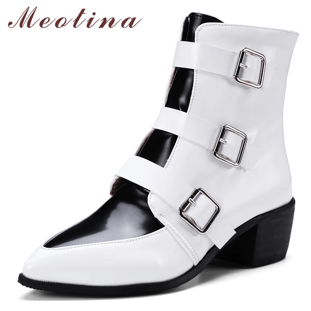 

Meotina Women Ankle Boots Winter Shoes Buckle Square Heels Short Boots Mixed Colors Zipper Shoes Female Autumn Large Size 3-12