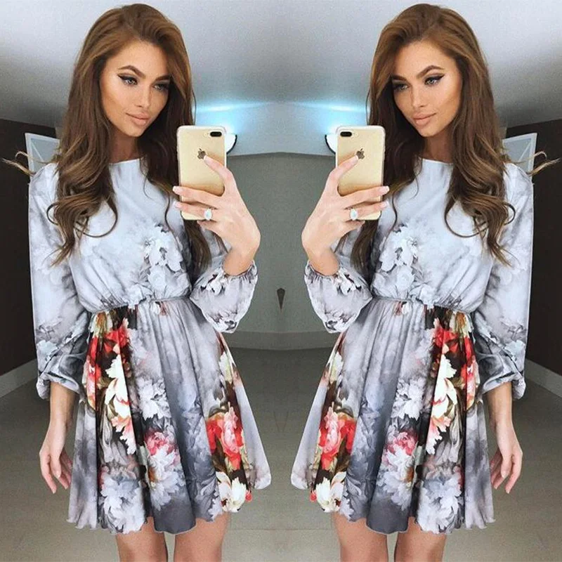 Women Dresses Spring O neck Grey Floral Printing Long Sleeve Dresses