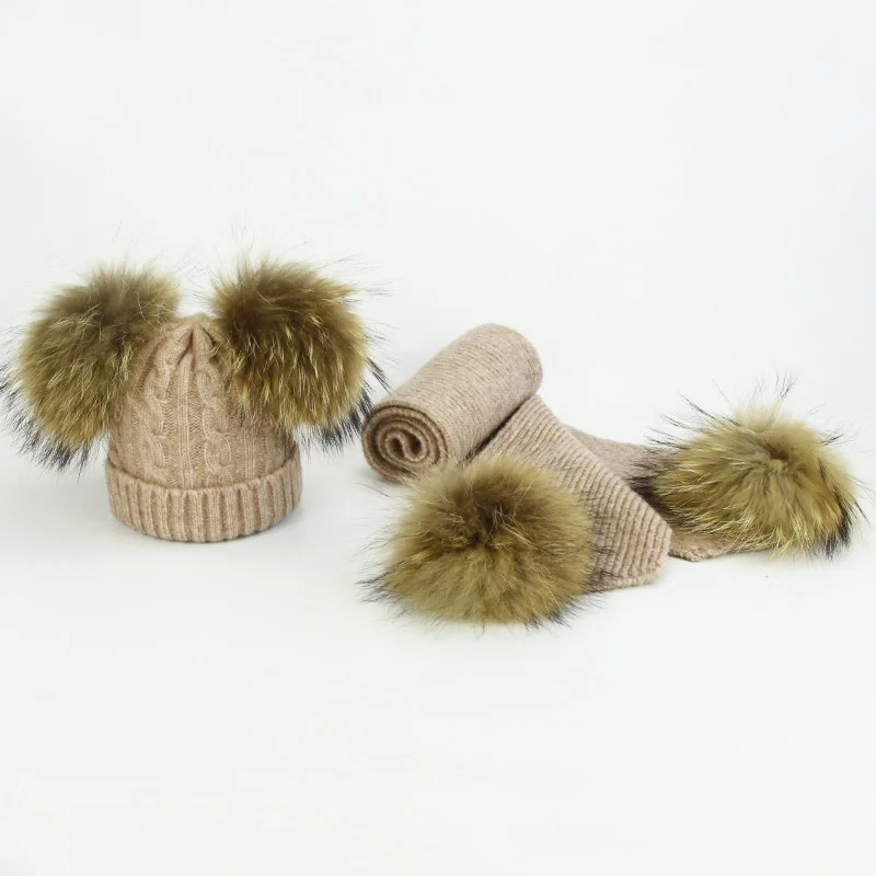 Детские и женские шапочки с помпоном, теплые вязаные с помпоном из меха, шапка с помпоном, шарф, комплект, детская зимняя шапка с помпоном из натурального меха енота, Skullies