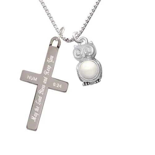 3-D Imitation Pearl & Clear Crystal Owl - Bless and Keep You - Cross Necklace (1)