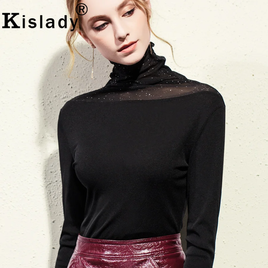 

Kislady Vintage Black Turtleneck Tshirt Transparent Patchwork Mesh Top 2019 Spring Plus Size Elegant Long Sleeve T Shirt XXXL