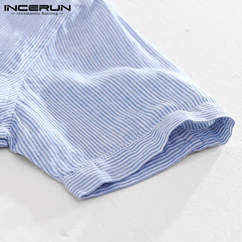 INCERUN/Однотонная рубашка с воротником-стойкой для мужчин, в японском стиле, в полоску, с короткими рукавами, повседневная, свободная