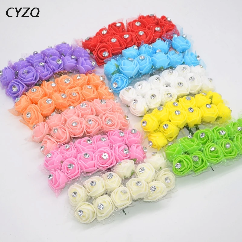 144pcs/lot Mini PE Foam Rose Artificial Flower Heads Home Wedding Decoration DIY Wreath Gift Box Decorated Teddy Bears Flower