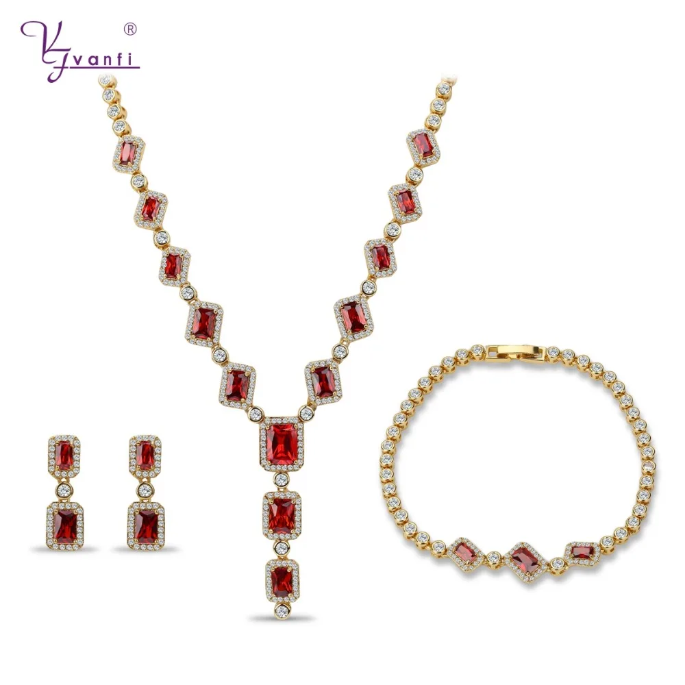 

New Top Gold Color Red Stone Noble Jewelry Sets Multicolor Cubic Zircon Necklace/Earrings/Bracelet For Women Wedding Party