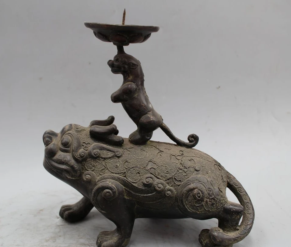 

8" Old China Chinese Dynasty Palace Bronze beast Candle Holder Candlestick