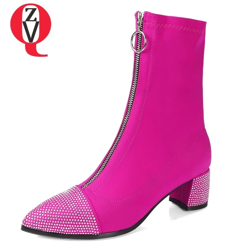 

ZVQ new fashion med square heel pointed toe front zip lycra shoes women winter outside sexy crystal decoration mid calf boots
