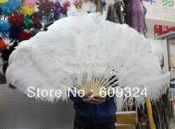 

WHITE Ostrich Feathers Hand Fan With 18pcs Bamboo Staves