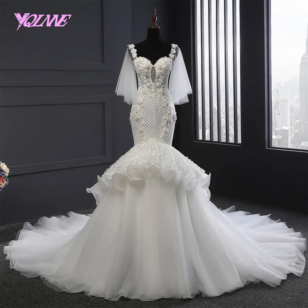 YQLNNE 2018 Spaghetti Lace Wedding Dress Mermaid Rhinestones Beaded Lace up Bridal Dresses