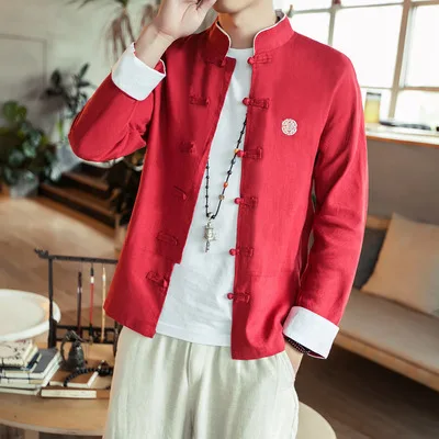Традиционная китайская одежда для мужчин, льняная футболка в восточном стиле с вышивкой и пряжкой, куртка с воротником-стойкой, мужская одежда кунг-фу, M-5XL - Цвет: red