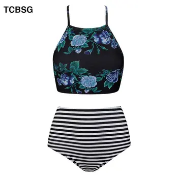 

TCBSG 2019 High Waist Bathing Suit Sexy Women Swimsuit Plus Size Swimwear Print Bikini Set Beach Push Up Padded Polka Swimwear