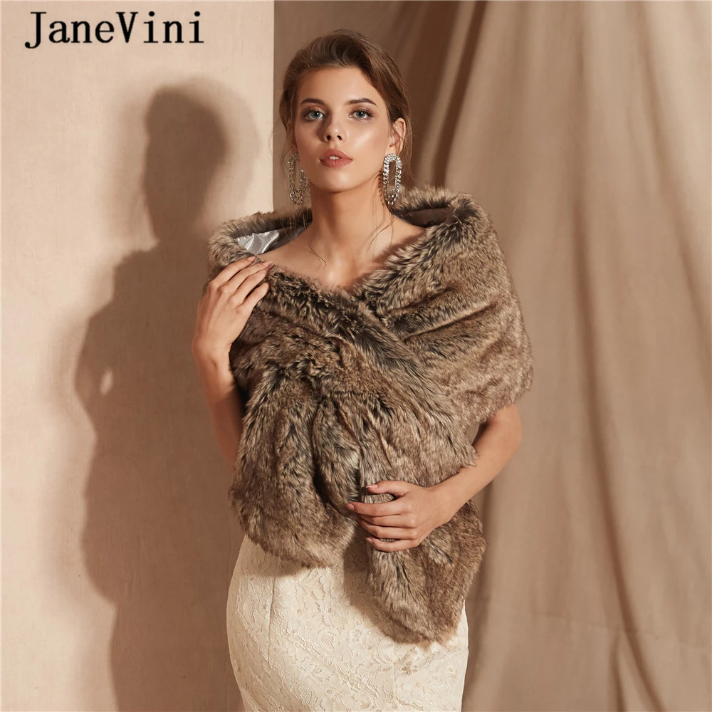 JaneVini Elegant Winter Faux Fur Coat Women Wedding Shawl Evening Party Dress Wrap Fur Shoulder Cape Bridal Wedding Accessories