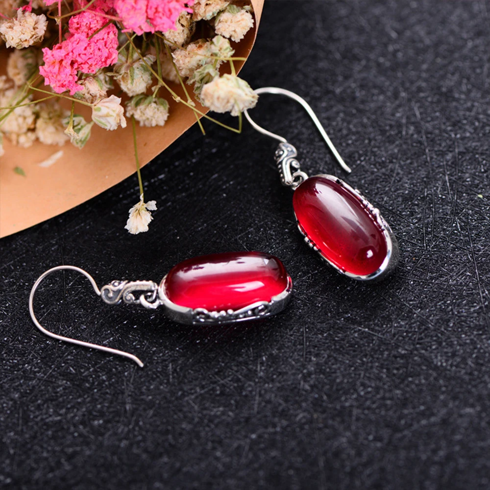 MetJakt Natural Red Corundum Drop Earrings Solid 925 Sterling Silver Earring for Women s font b