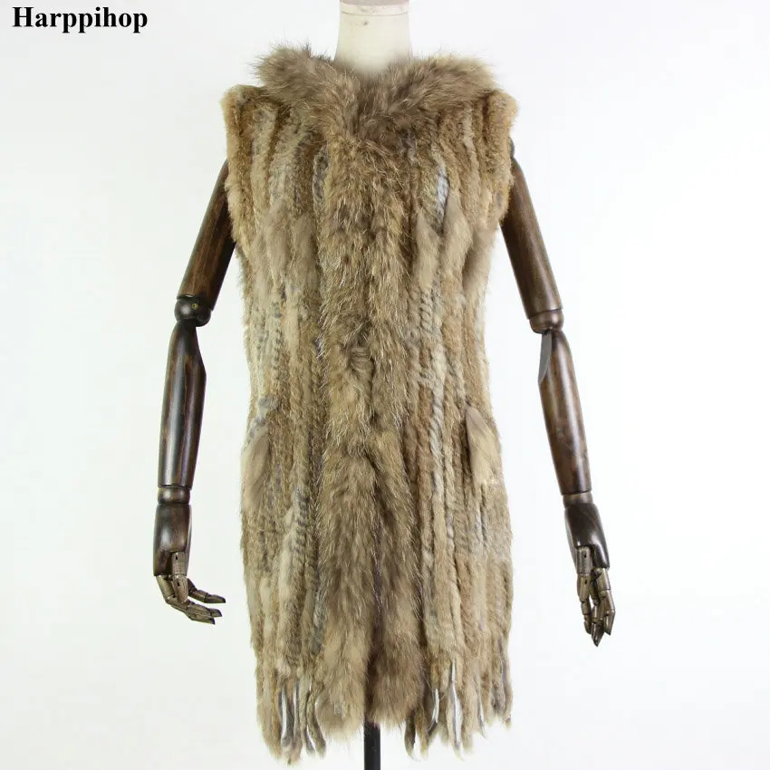 

Women New Genuine Rabbit Fur Vest With Hood Fashion Raccoon Fur Collar Waistcoats Warm Natural Fur Long Gilet