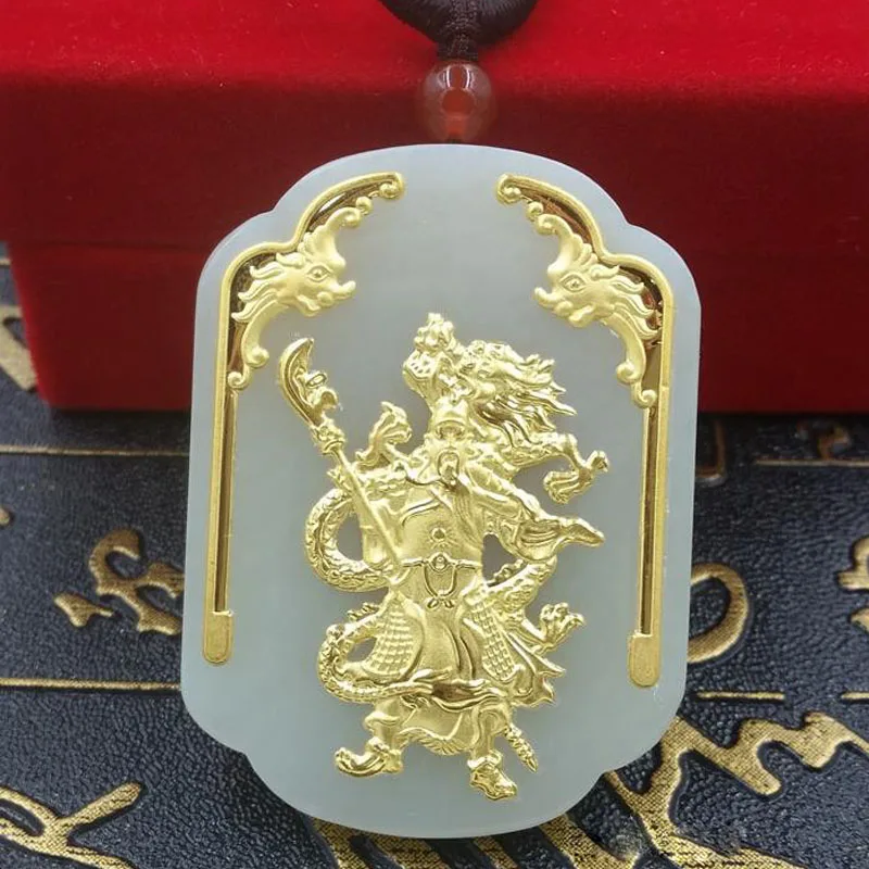 Кулон Hetian Jade &quotGuanyu&quot Нефритовое ожерелье GuanGong счастливый амулет 24 K золотые