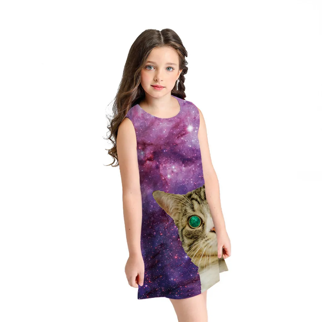 Платья для девочек г. Летние вечерние мини-платья для девочек с милым рисунком кота повседневный костюм принцессы для девочек без рукавов Одежда для детей от 10 до 12 лет