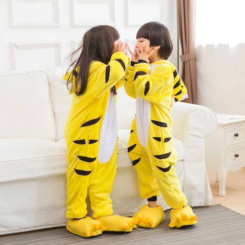 Дети животных пижамы Onesie Пижамы Желтый Тигр Cos костюм с капюшоном Пижама фланель полный пижамы