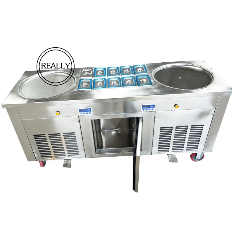 

2 cooling plate /2 compressor work separately ！10tanks double pan commercial fry ice cream machine with fresh cabinet