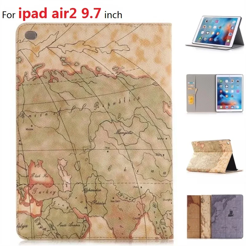 

Hot Sale Fashion Map Tablet Cover Case for Ipad air 2 9.7 inch Wallet Style Flip Bracket Leather Sleeve for ipad air2 9.7" cases