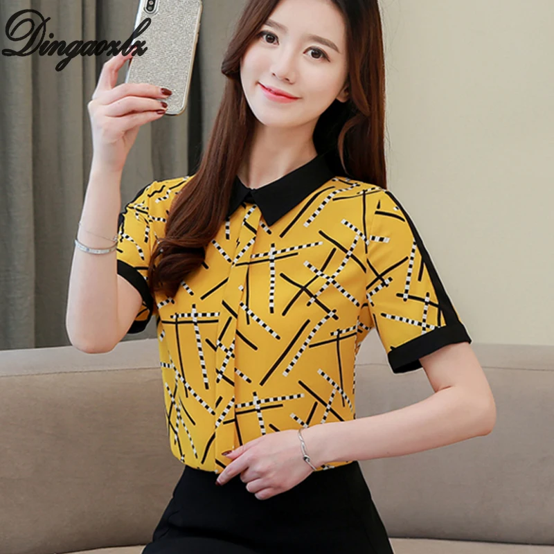 

Dingaozlz elegant short sleeve women tops korean 2019 new printed chiffon blouse shirt casual clothing
