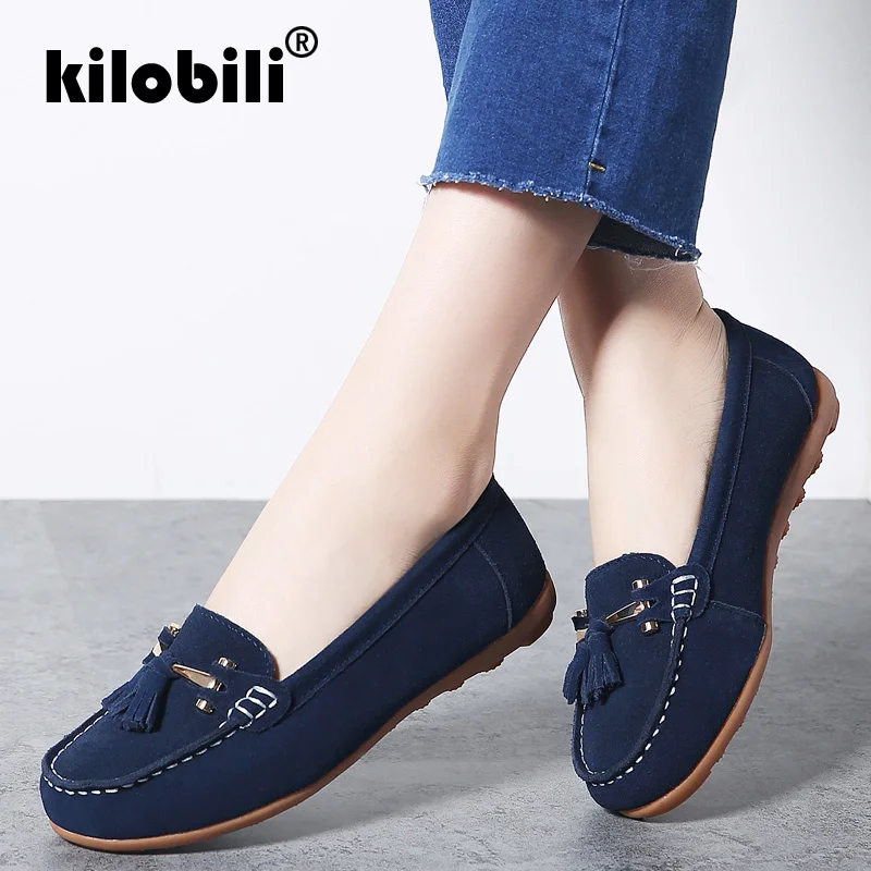 

kilobili 2018 Autumn Women Flat Shoes Women Leather Suede Shoes Ladies Loafers Lace Up Ballet Flats Oxford Female Boat Shoes