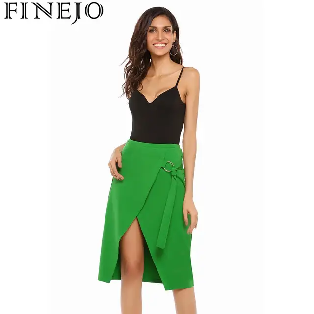 FINEJO Up Faux Wrap Elastic Waist Tie Women Solid Casual Midi Skirt with Pocket