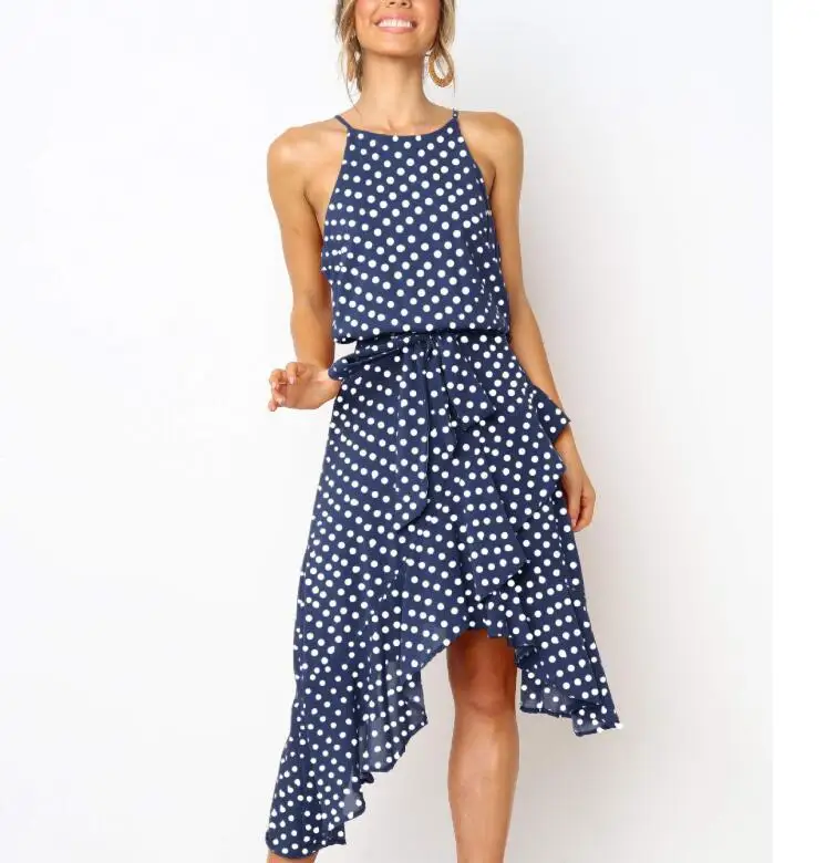 Polka dots irregular sleeveless belted ruffles dots midi dress