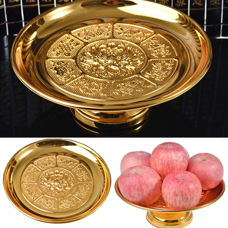 JINSERTA Gold Alloy Lotus Consecrate Fruit Tray Buddha Avalokitesvara Plate Religious Ceremonial Buddhist Temple Decoration