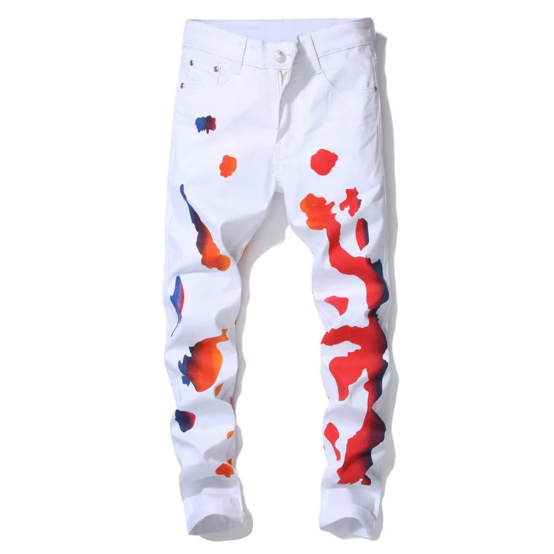 Fashion designer men's slim fit stretch white printed casual trousers