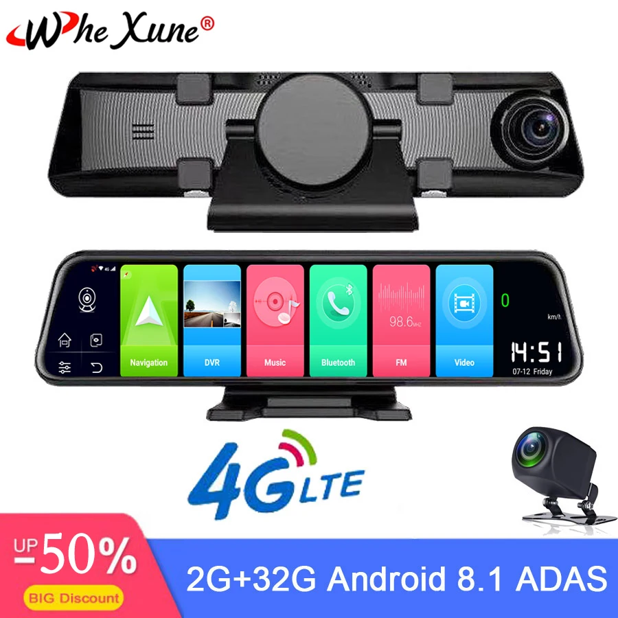 

WHEXUNE New 4G Car DVR 12 inch Android 8.1 smart rearview mirror navigation Full HD dual 1080P camera with Bluetooth WIFI RAM 2G