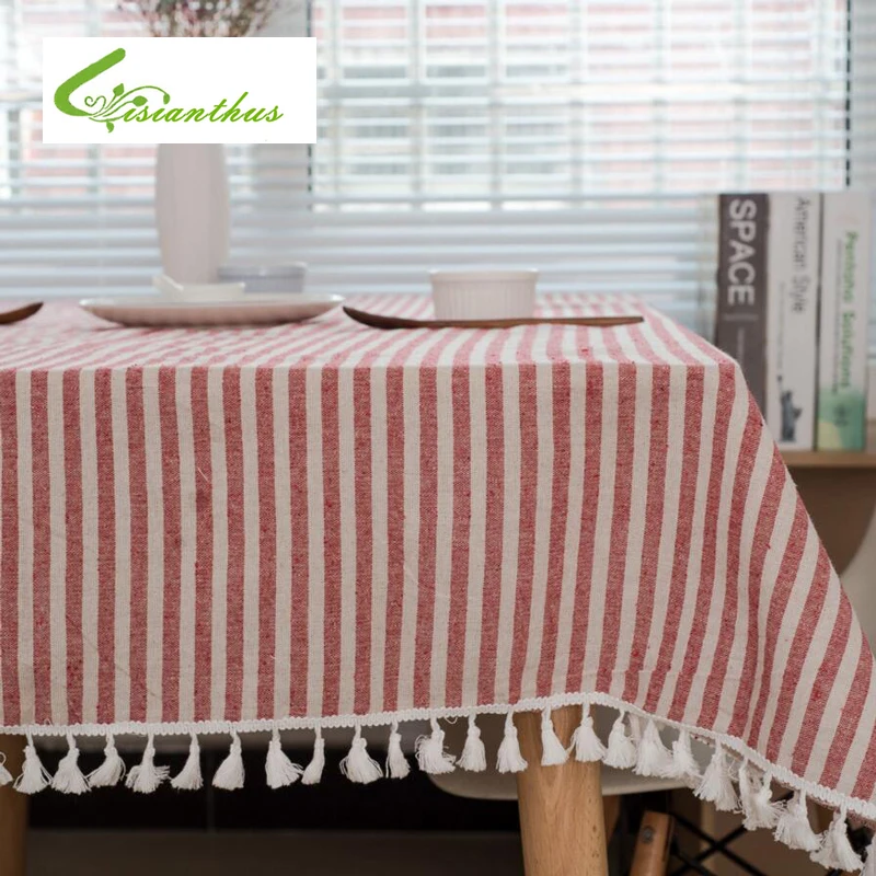 

Dinner Tablecloth Rectangular Cotton Linen Plaid /Striped Print Table Cloth for Home Tea Table Cover Wedding Table with Tassels
