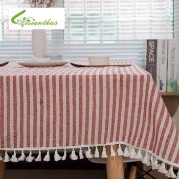 

Dinner Tablecloth Rectangular Cotton Linen Plaid /Striped Print Table Cloth for Home Tea Table Cover Wedding Table with Tassels