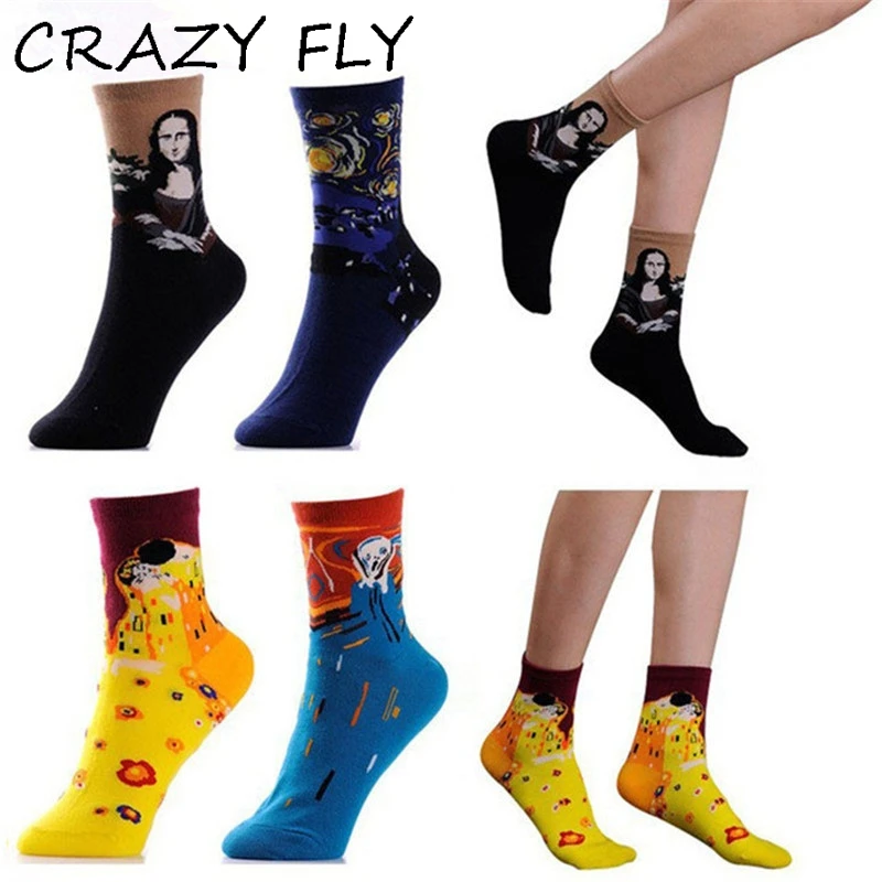 Сумасшедшие FLY осень-зима Для мужчин Для женщин носки Новое искусство Ван Гог росписи Всемирно известный Картина маслом серии носки унисекс смешные носки