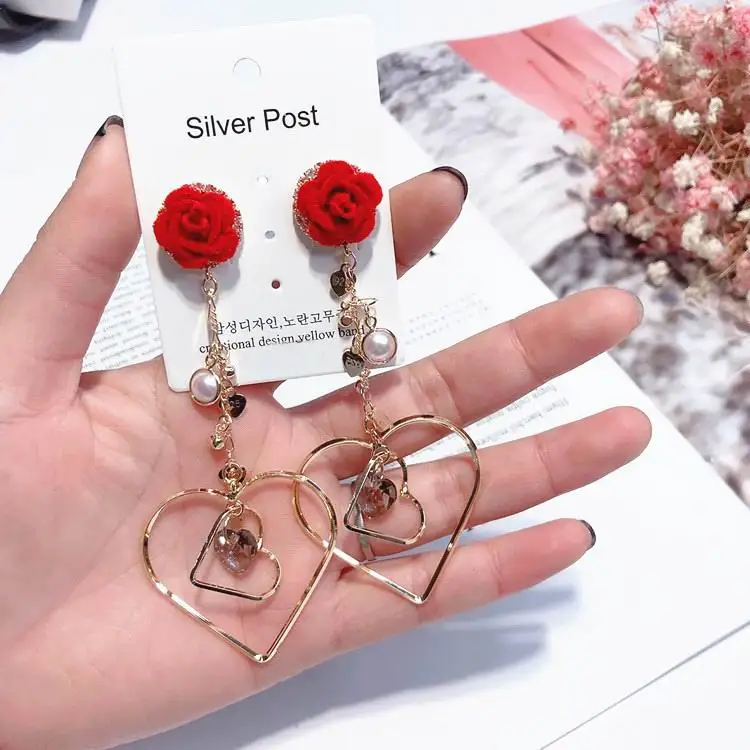 

MENGJIQIAO 2018 New Korean Sweety Red Flower Hollow Love Heart Big Earrings For Women Fashion Crystal Temperament Brincos Gift
