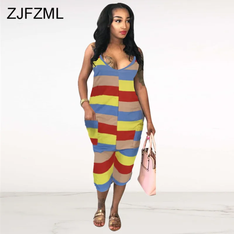 

Colorful Striped Sexy One Piece Overall Women Spaghetti Strap Sleeveless Beach Jumpsuit Summer Round Neck Knee-Length Bodysuits