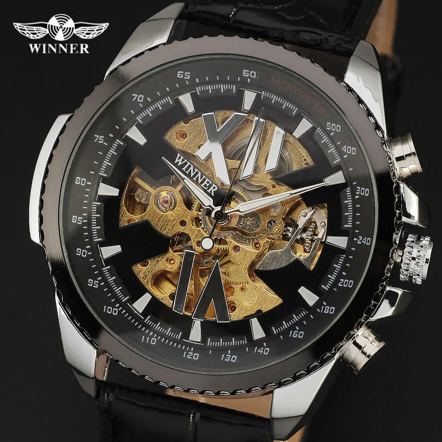 Top Brand Winner 2016 New Skeleton Clock Military Style Leather Strap Watch Men Gift Famouse Mechanical