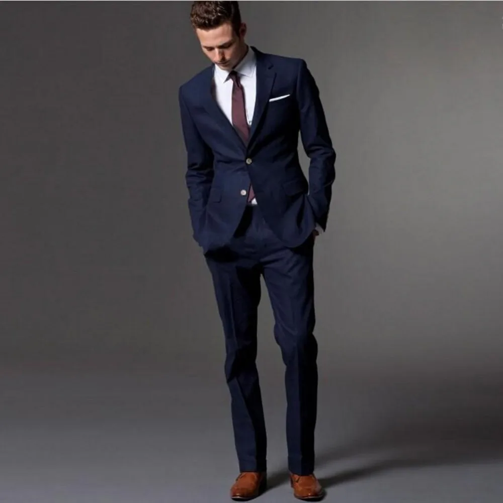 (Jacket+Pants+Tie) 2017 Tailored Men's Navy Blue Wedding