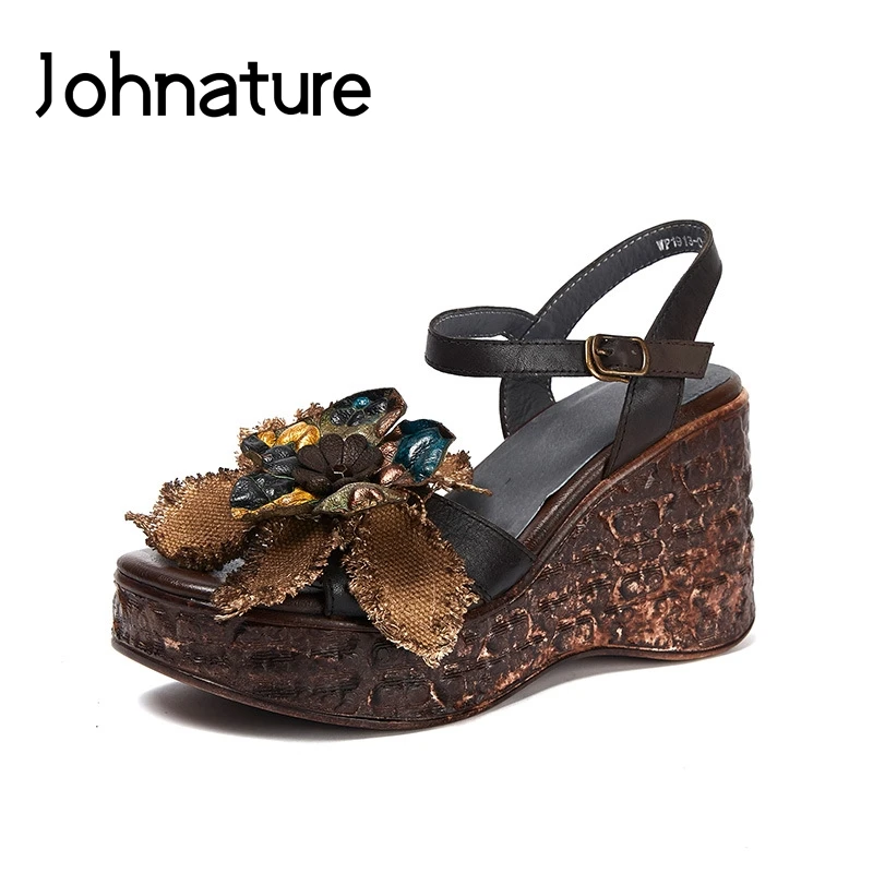 

Johnature Genuine Leather Casual Ankle-wrap Buckle Strap Floral Summer Sandals Retro High Heels Wedges Platform Women Shoes