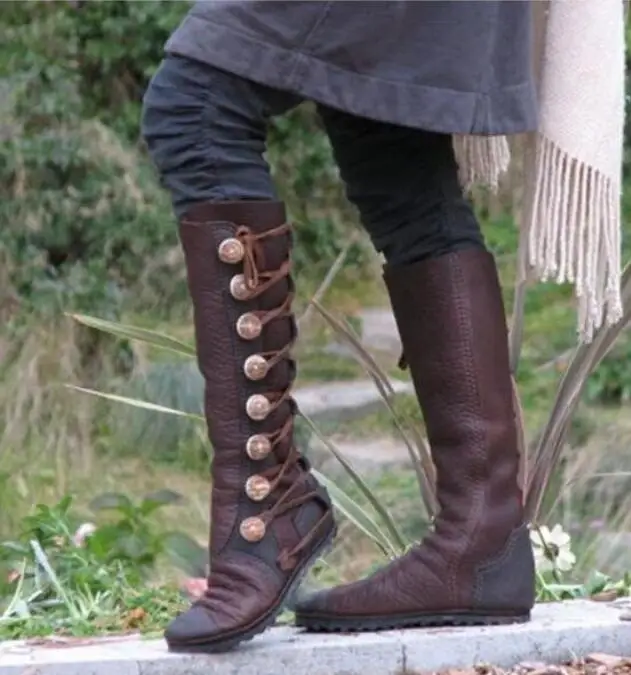 Sapato feminino/женские ботинки винтажные сапоги до колена на плоской подошве Женская Роскошная обувь в гладиаторском стиле из искусственной кожи с перекрестной шнуровкой