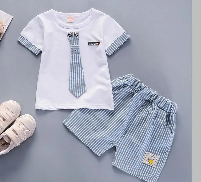 Baby Boy Summer Clothes 2Pcs Infant Baby Kids Striped Boys Letter Tie Tops+Shorts Outfits Clothes Set Vetement Enfant Garcon2019