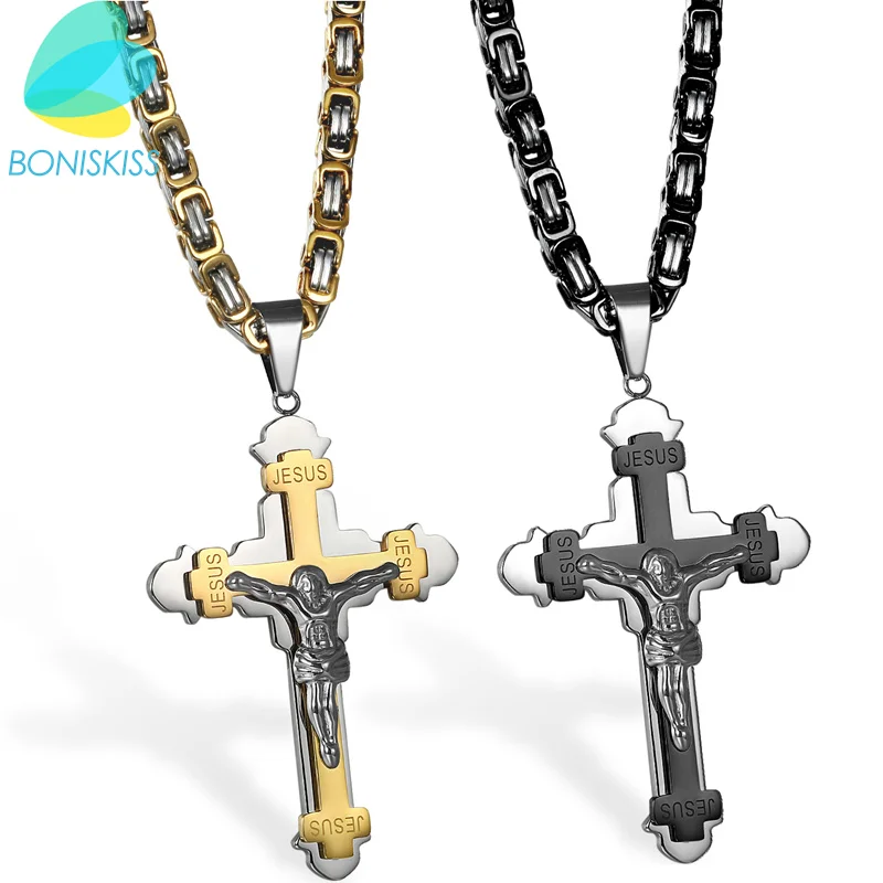 Boniskiss Byzantine Chain Cross Necklace Stainless Steel Pendant Jesus Charm Necklaces For Men And Women Christmas Gifts Jewelry