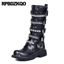 Роскошные армейские ботинки в байкерском стиле с заклепками в стиле рок, металлик; Цвет Черный; военные ботинки до середины икры; мужские кожаные высокие ботинки в стиле панк; высокое качество