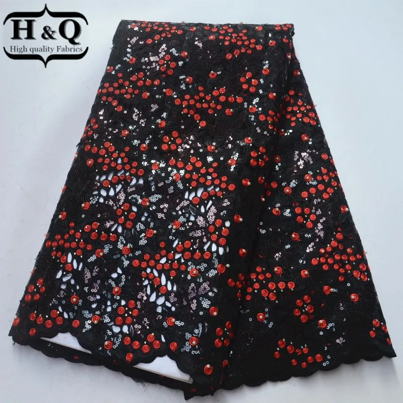

H&Q African Lace Fabric Beautiful High Quality France organza lace fabric with sequins beads For women wedding dress Party