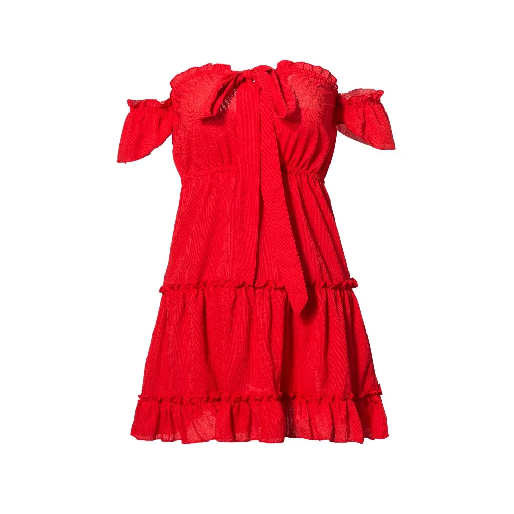 NLW женское красное летнее платье с рюшами Vestidos 2019 открытыми плечами открытой