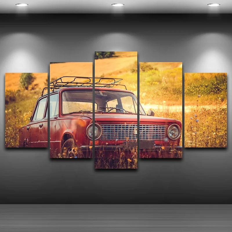 

Modern Canvas Wall Art Painting Frame Landscape Modular Pictures 5 Panel Red Off-Road Vehicle Old Car Poster HD Printed PENGDA