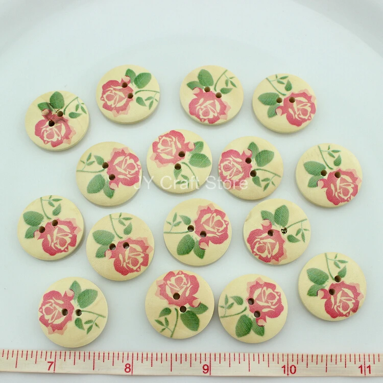 100pcs/lot yellow natural Round Rose Painting Wooden Buttons 2 holes