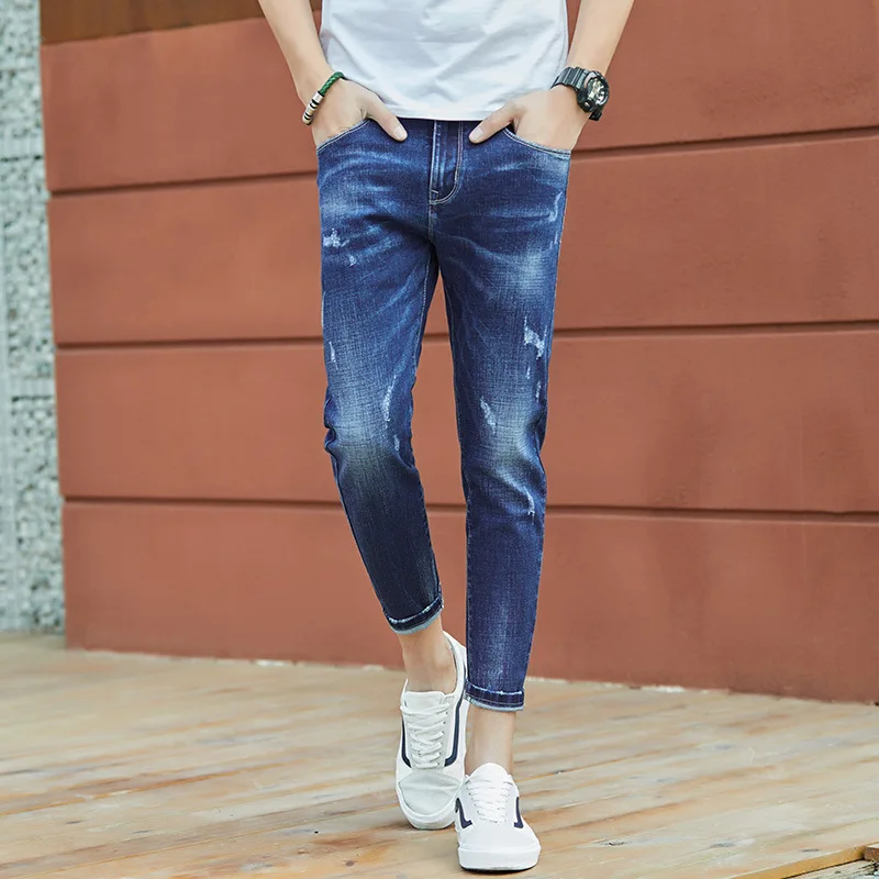 

New Fashion Stretch Jeans for Men Spring Summer Ripped Loose Wash Patchwork Ankle Length Straight Pants Plus Size